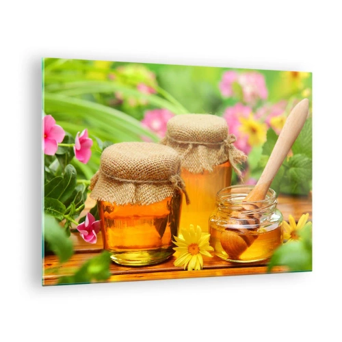 Obraz na szkle - Słoiki z miodem na tle kwiatów w ogrodzie - 70x50cm - Słodko i kwiatowo - Nowoczesna dekoracja ścienna do salonu i sypialni ARTTOR