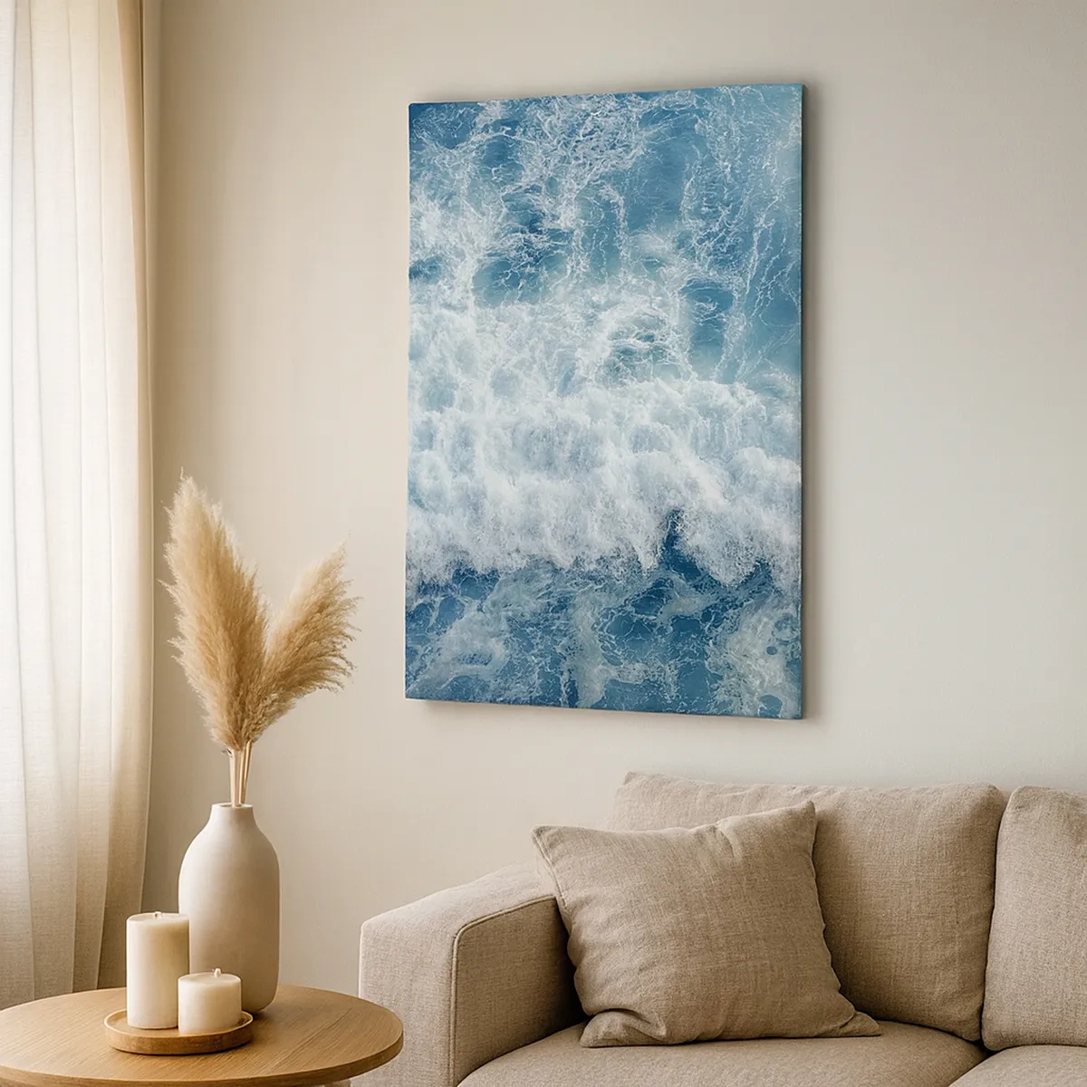 Obraz na płótnie - Błękitne fale oceanu uderzające o wodę - 50x70cm - Radośnie i w podskokach - Nowoczesna dekoracja ścienna do salonu, kuchni i sypialni ARTTOR