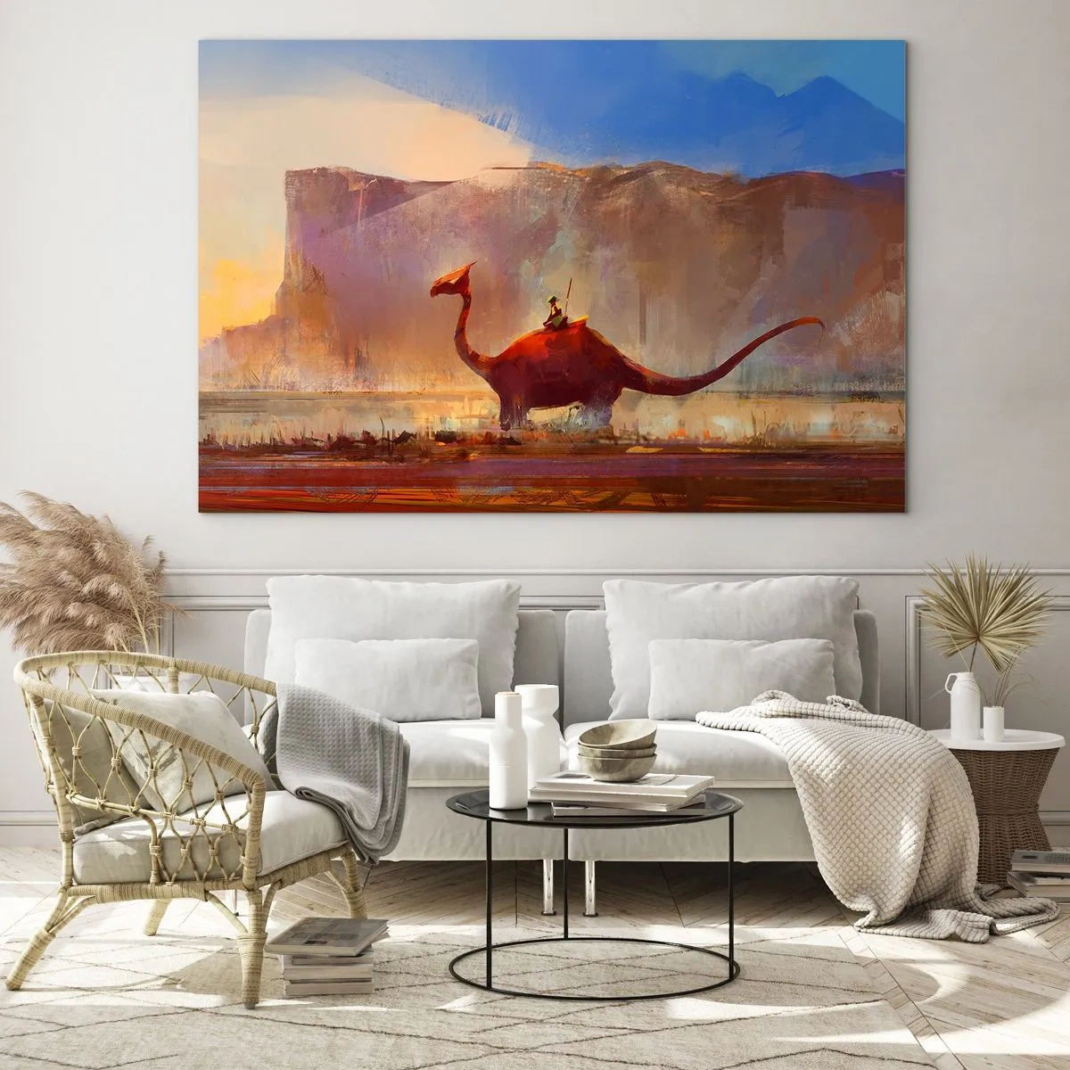 Obraz na szkle - Fantazyjny krajobraz z jeźdźcem na prehistorycznym stworzeniu - 70x50cm - Gdyby nie wyginęły - Nowoczesna dekoracja ścienna do salonu i sypialni ARTTOR