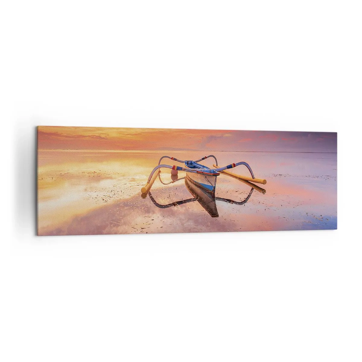 Obraz na płótnie - Łódź na spokojnej wodzie o zachodzie słońca - 160x50cm - Spokój tropikalnego wieczoru - Nowoczesna dekoracja ścienna do salonu i sypialni ARTTOR