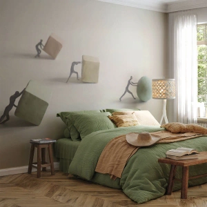 Fototapeta Premium Canvas - Miniaturowe postacie pchające kształty na jasnym tle - 100x70cm - Samo życie - Nowoczesna dekoracja ścienna do salonu i sypialni ARTTOR