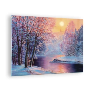 Obraz na szkle - Zimowy pejzaż z rzeką i zachodem słońca - 70x50cm - Barwy zimy - Nowoczesna dekoracja ścienna do salonu i sypialni ARTTOR