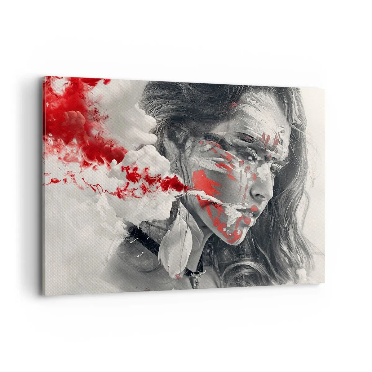 Obraz na płótnie - Artystyczny portret kobiety z abstrakcyjnymi czerwonymi akcentami - 100x70cm - W oparach absurdu - Nowoczesna dekoracja ścienna do salonu, kuchni i sypialni ARTTOR
