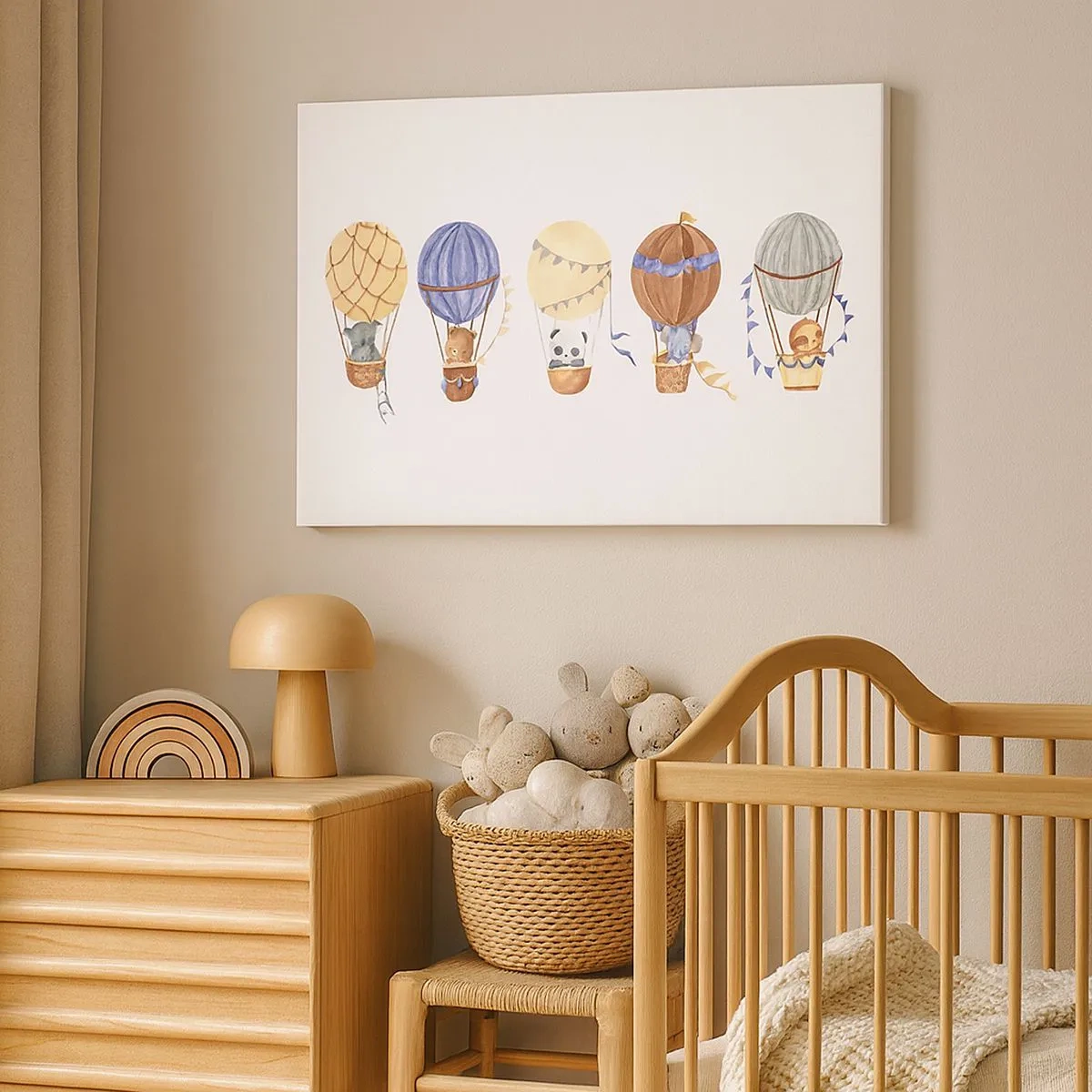 Obraz na płótnie - Urocze zwierzęta w balonach na białym tle - 70x50cm - Przyjaciele w podróży - Nowoczesna dekoracja ścienna do salonu i sypialni ARTTOR