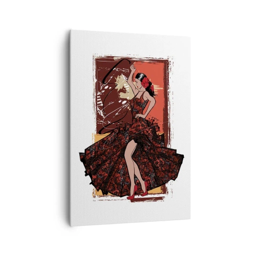 Obraz na płótnie - Tancerka w czerwono-czarnej sukni na artystycznym tle - 70x100cm - W rytmie serca - Nowoczesna dekoracja ścienna do salonu i sypialni ARTTOR