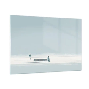 Obraz na szkle - Postać przy ławce w minimalistycznym krajobrazie - 100x70cm - Tak, czekam. - Nowoczesna dekoracja ścienna do salonu, kuchni i sypialni ARTTOR