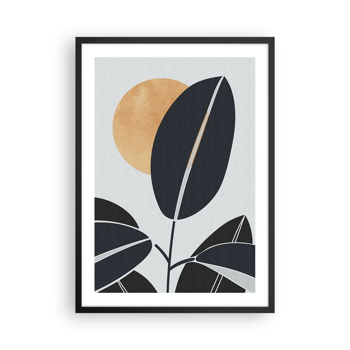 Plakat w czarnej ramie - Minimalistyczna kompozycja liści na tle słońca - 50x70cm - Dzień gorącego lata - Nowoczesna dekoracja ścienna do salonu i sypialni ARTTOR