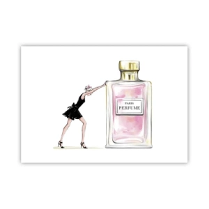 Plakat - Kobieta w czarnej sukience przy flakonie perfum - 100x70cm - Esencja kobiecości - Nowoczesna dekoracja ścienna do salonu i sypialni ARTTOR