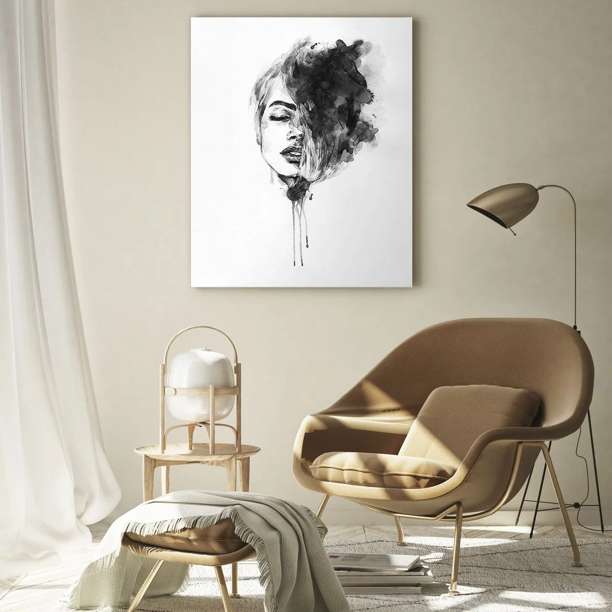 Obraz na szkle - Artystyczny portret kobiety w technice akwareli z abstrakcyjnymi detalami - 80x120cm - O czym marzy dziewczyna - Nowoczesna dekoracja ścienna do salonu i sypialni ARTTOR