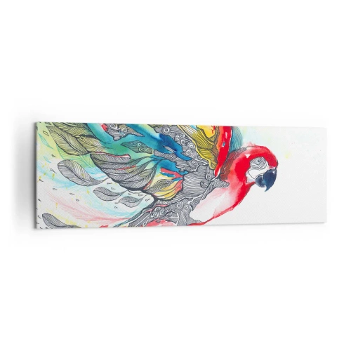 Obraz na płótnie - Kolorowa papuga w locie z abstrakcyjnymi wzorami na skrzydłach - 160x50cm - Żyj kolorowo - Nowoczesna dekoracja ścienna do salonu i sypialni ARTTOR