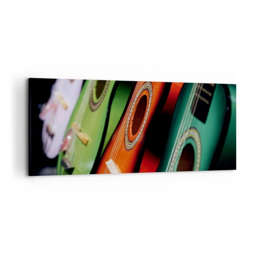 Obraz na płótnie - Kolorowe gitary w różnych odcieniach ułożone w szeregu - 120x50cm - Gitara ma wiele barw - Nowoczesna dekoracja ścienna do salonu i sypialni ARTTOR