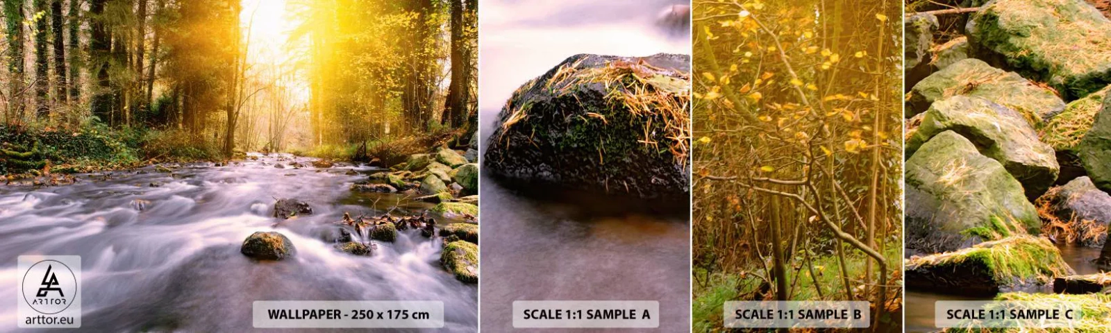 Fototapeta Próbka Standard Eco - Malachit w srebrno-złotej oprawie - Krajobraz, Górski Strumień, Las - 100x30 cm