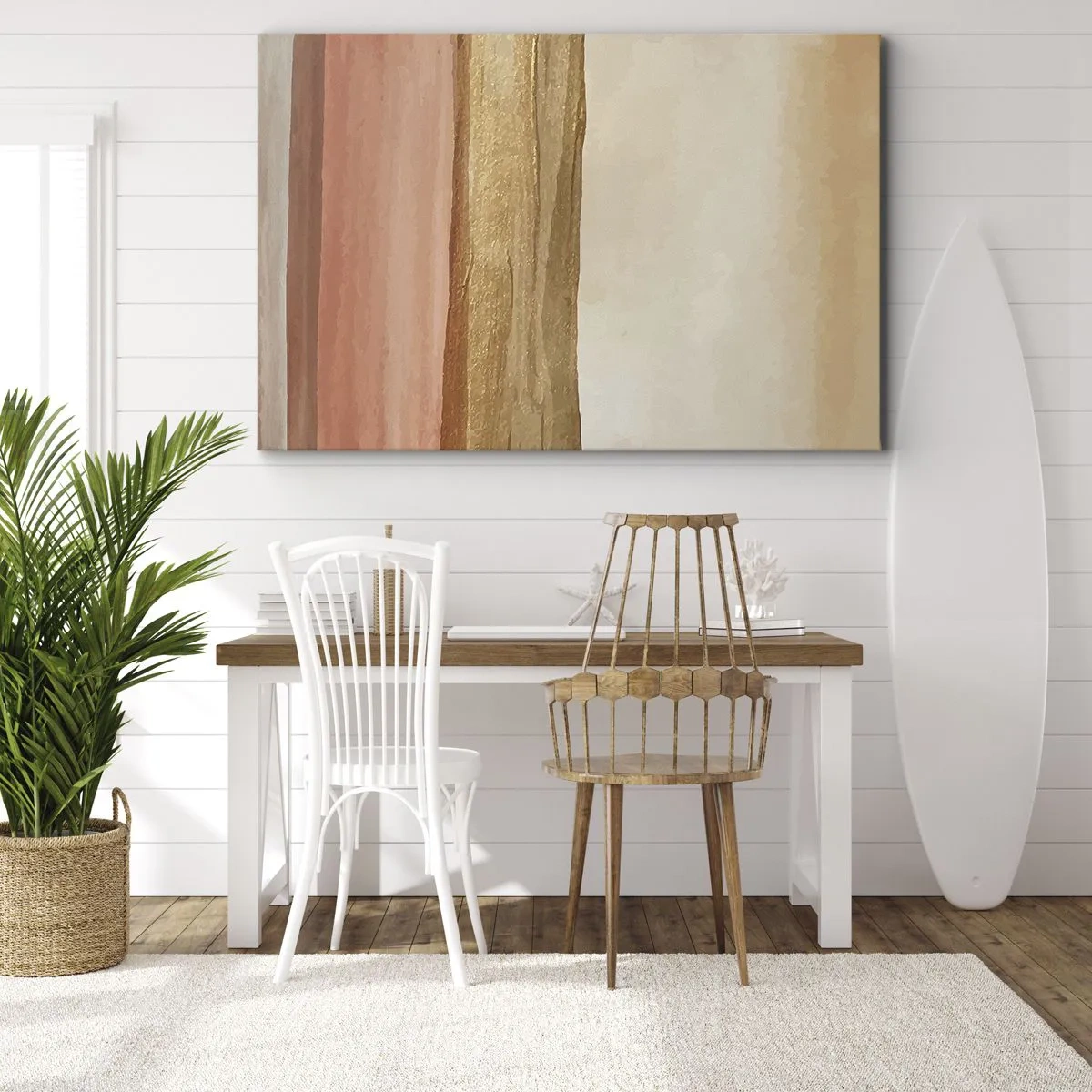 Obraz na płótnie - Abstrakcyjne pasy w odcieniach beżu, złota i różu na płótnie - 70x50cm - Kompozycja wertykalna - Nowoczesna dekoracja ścienna do salonu i sypialni ARTTOR