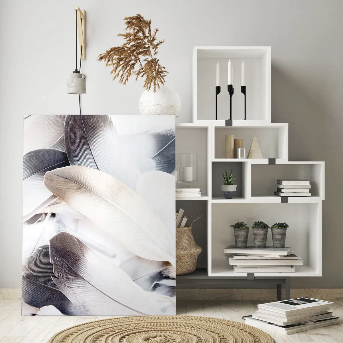 Obraz na szkle - Delikatne jasne pióra w odcieniach bieli i szarości - 50x70cm - Niemal anielskie - Nowoczesna dekoracja ścienna do salonu, kuchni i sypialni ARTTOR