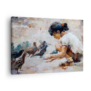 Obraz na płótnie - Dziewczynka karmiąca ptaki w malarskim stylu - 70x50cm - Maluczcy i najmilsi - Nowoczesna dekoracja ścienna do salonu i sypialni ARTTOR