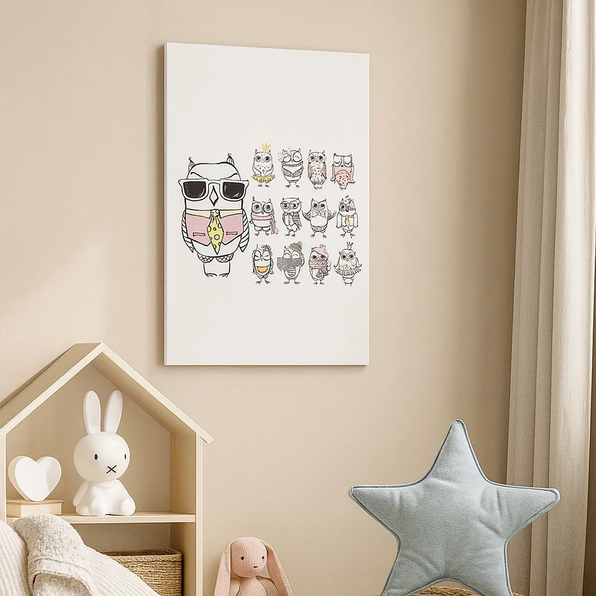 Obraz na płótnie - Zabawne sowy w rysunkowym stylu - 50x70cm - Tyle ról do zagrania - Nowoczesna dekoracja ścienna do salonu, kuchni i sypialni ARTTOR