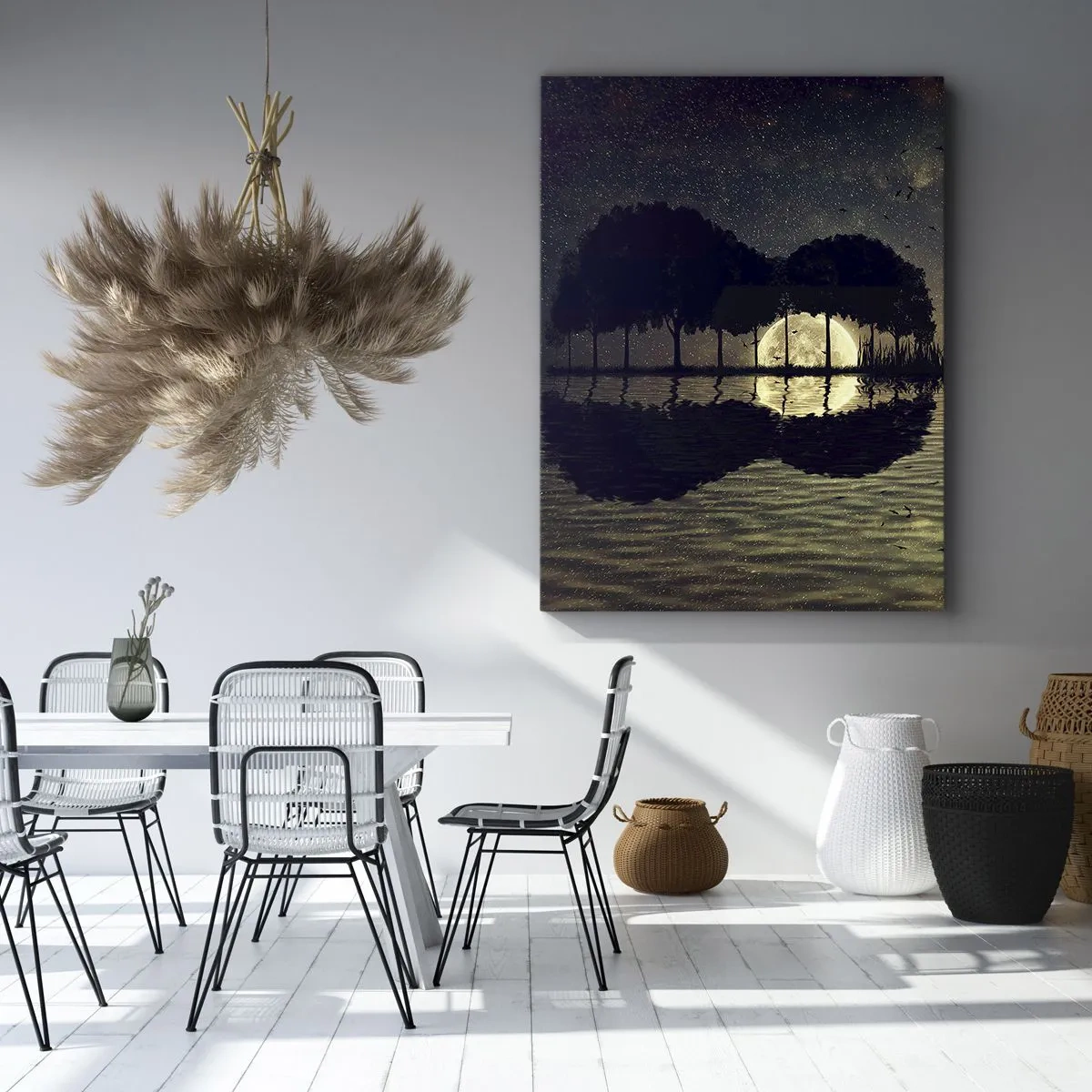 Obraz na płótnie - Nastrojowy pejzaż z księżycem odbijającym się w wodzie nocą - 50x70cm - Noc na krańcu świata - Nowoczesna dekoracja ścienna do salonu, kuchni i sypialni ARTTOR