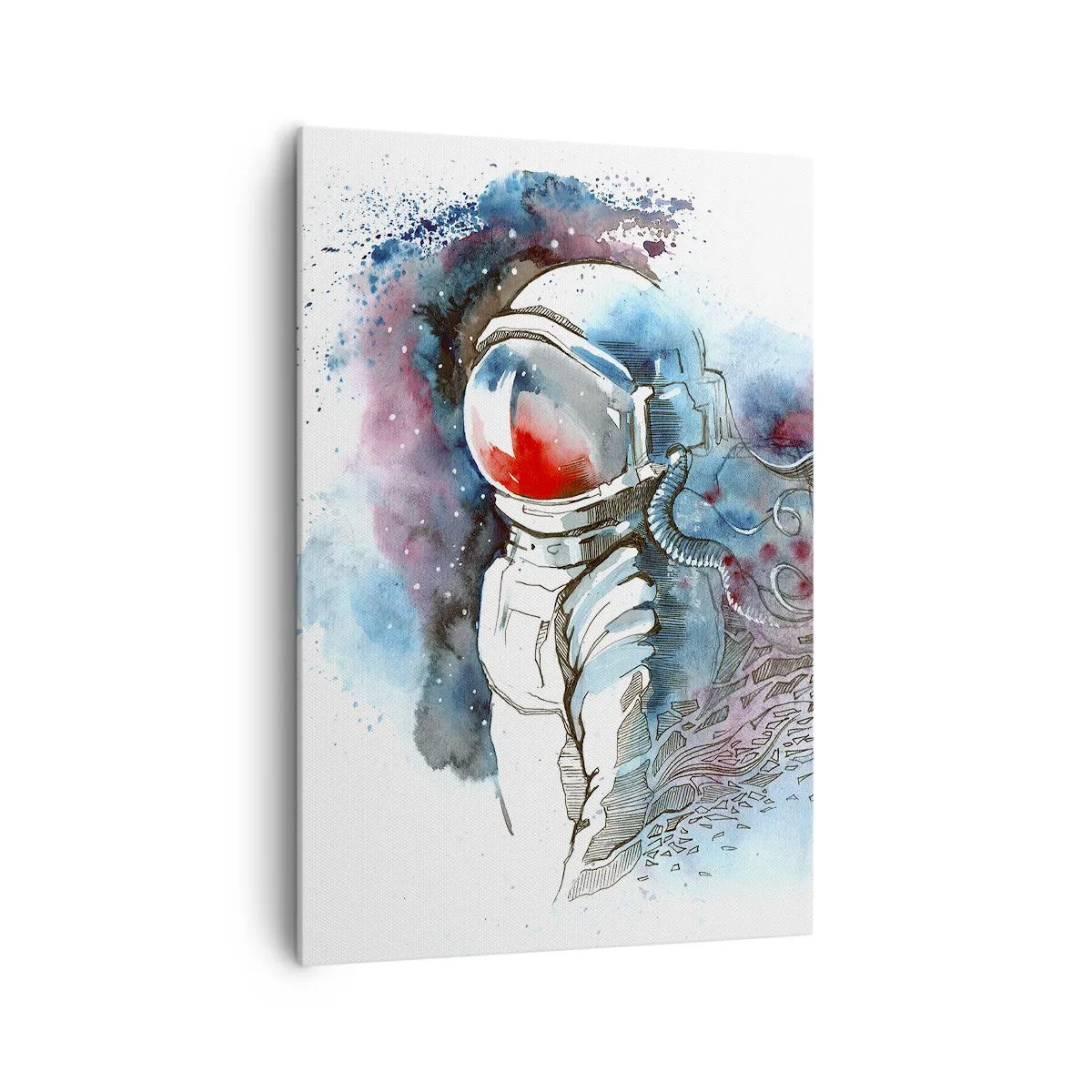 Obraz na płótnie - Kosmonauta w dynamicznej akwareli z kosmicznymi detalami - 70x100cm - Sam na sam z kosmosem - Nowoczesna dekoracja ścienna do salonu i sypialni ARTTOR