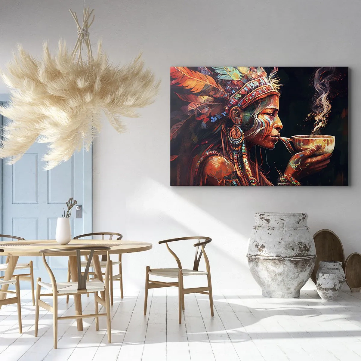 Obraz na płótnie - Kolorowa postać w stylu etnicznym z filiżanką parującego napoju - 70x50cm - Magiczny rytuał - Nowoczesna dekoracja ścienna do salonu i sypialni ARTTOR