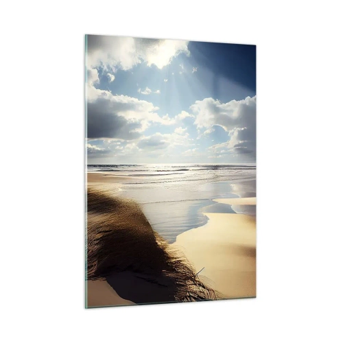 Obraz na szkle - Dzika plaża oświetlona promieniami słońca spod chmur - 50x70cm - Plaża, dzika plaża - Nowoczesna dekoracja ścienna do salonu, kuchni i sypialni ARTTOR