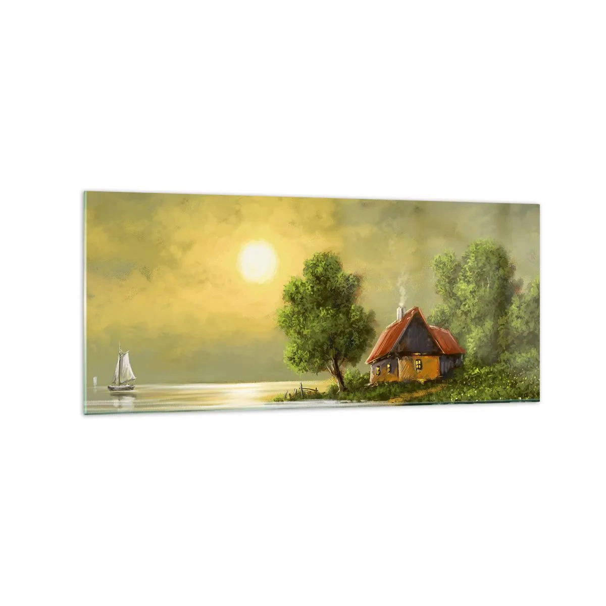 Obraz na szkle - Dom nad jeziorem w świetle zachodzącego słońca - 120x50cm - Pięknie, jak z obrazka - Nowoczesna dekoracja ścienna do salonu i sypialni ARTTOR