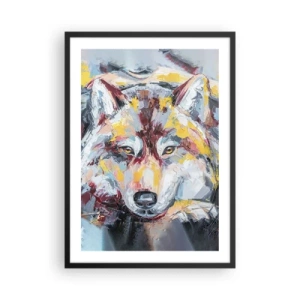 Plakat w czarnej ramie - Abstrakcyjny portret wilka z barwnymi pociągnięciami pędzla - 50x70cm - Spokój wśród bliskich - Nowoczesna dekoracja ścienna do salonu i sypialni ARTTOR