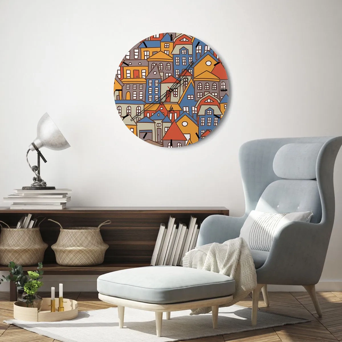 Zegar ścienny - Kolorowe budynki w stylu graficznym - 30x30cm - Za domem dom - Nowoczesna dekoracja ścienna do salonu, kuchni i sypialni ARTTOR