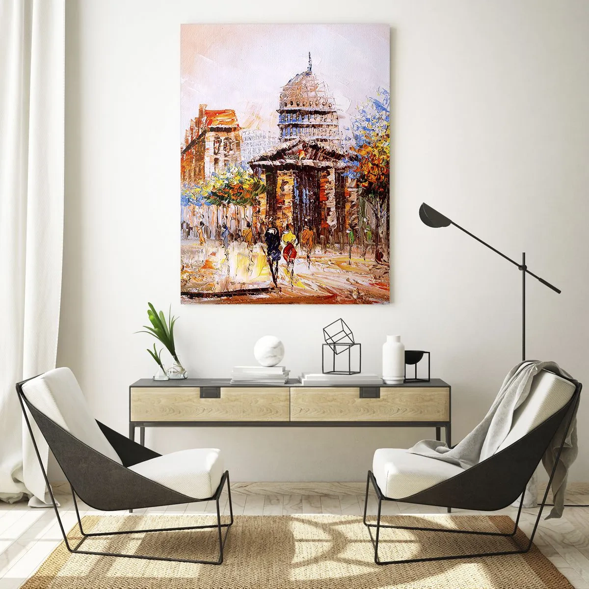 Obraz na szkle - Malownicza ulica miasta z zabytkowym budynkiem w tle - 50x70cm - Paryski spacer - Nowoczesna dekoracja ścienna do salonu, kuchni i sypialni ARTTOR