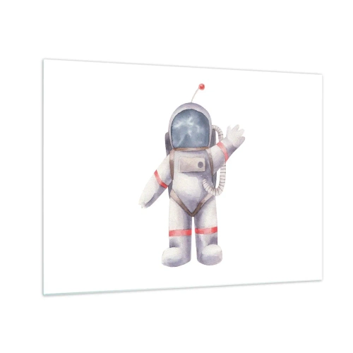 Obraz na szkle - Astronauta machający w przestrzeni kosmicznej - 70x50cm - To na razie! - Nowoczesna dekoracja ścienna do salonu i sypialni ARTTOR