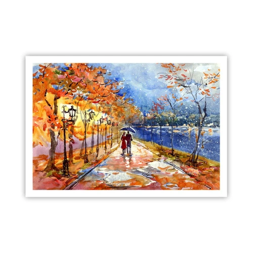 Plakat - Jesienny spacer w parku nad brzegiem rzeki pod parasolem - 100x70cm - Razem do granicy czasu - Nowoczesna dekoracja ścienna do salonu i sypialni ARTTOR