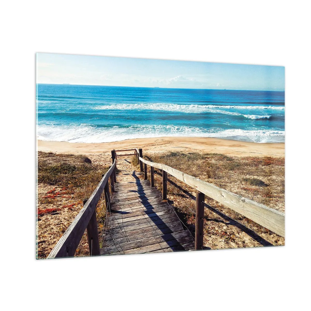 Obraz na szkle - Drewniana ścieżka prowadząca na plażę z widokiem na ocean - 100x70cm - Biegnij! - Nowoczesna dekoracja ścienna do salonu, kuchni i sypialni ARTTOR