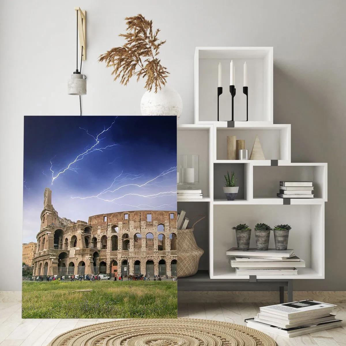 Obraz na szkle - Koloseum w Rzymie podczas burzy z piorunami - 50x70cm - Arena walki - Nowoczesna dekoracja ścienna do salonu, kuchni i sypialni ARTTOR