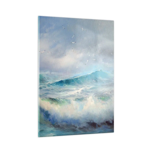 Obraz na szkle - Wzburzone fale oceanu z ptakami na pochmurnym niebie - 50x70cm - "Wicher z tryumfem zawył…' - Nowoczesna dekoracja ścienna do salonu, kuchni i sypialni ARTTOR