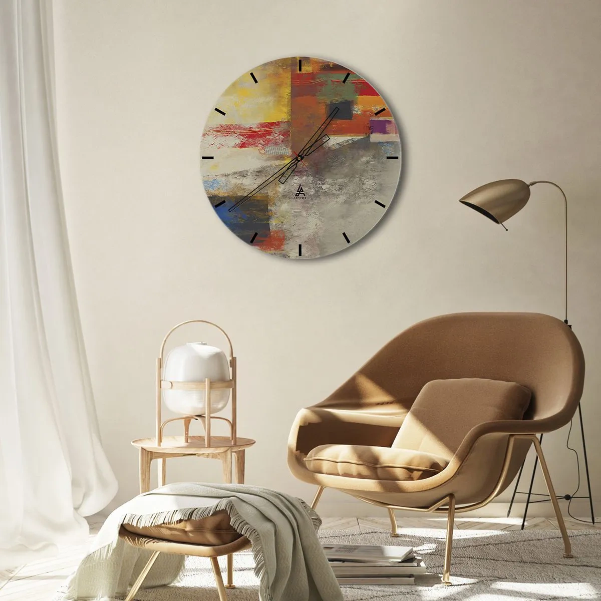 Zegar ścienny - Kolorowa abstrakcja z geometrycznymi elementami - 30x30cm - Geometria barw - Nowoczesna dekoracja ścienna do salonu, kuchni i sypialni ARTTOR