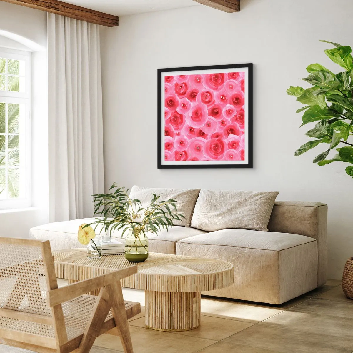 Plakat w czarnej ramie - Róże na dole i na górze - 50x50 cm