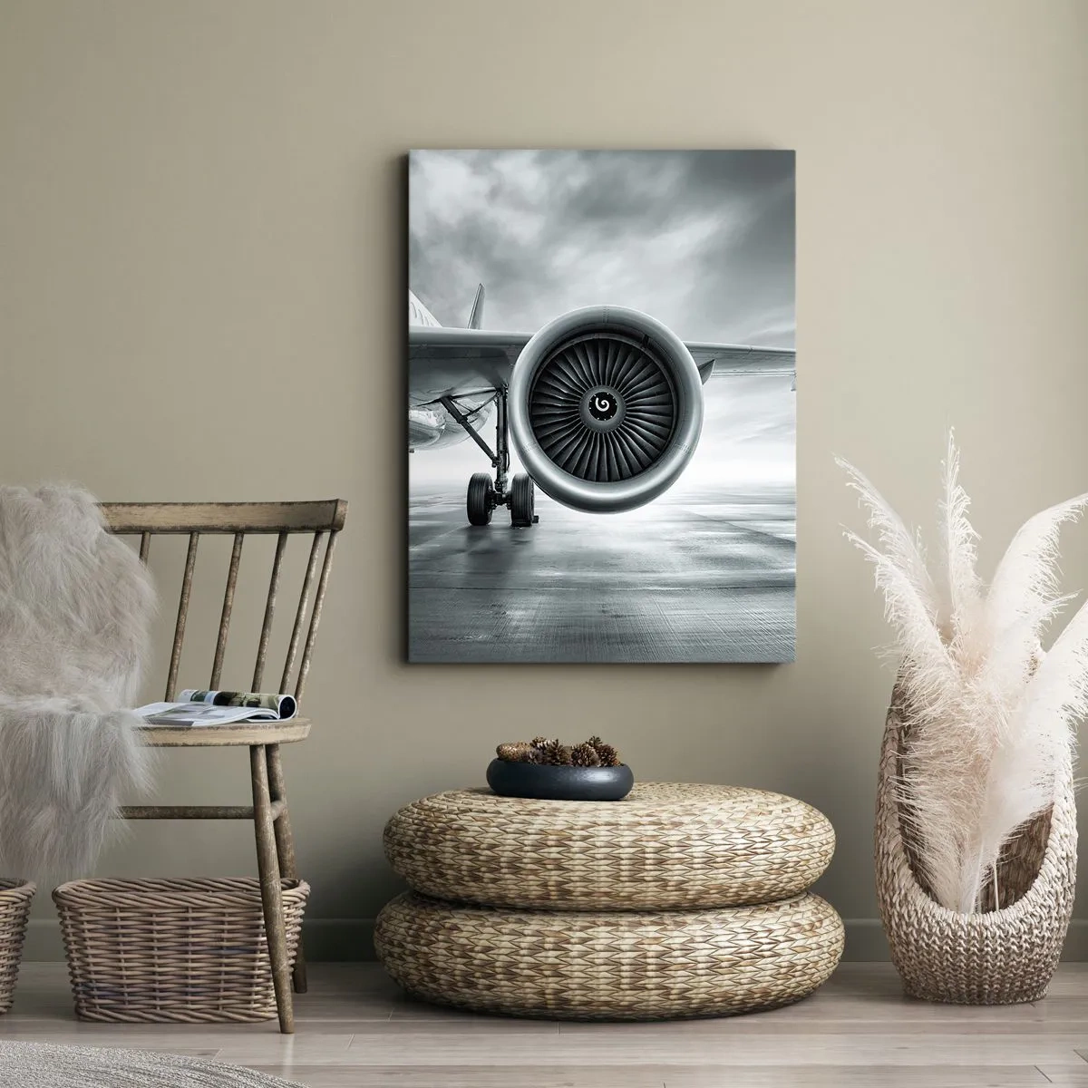 Obraz na płótnie - Silnik odrzutowy samolotu na płycie lotniska - 80x120cm - Jest moc! - Nowoczesna dekoracja ścienna do salonu i sypialni ARTTOR