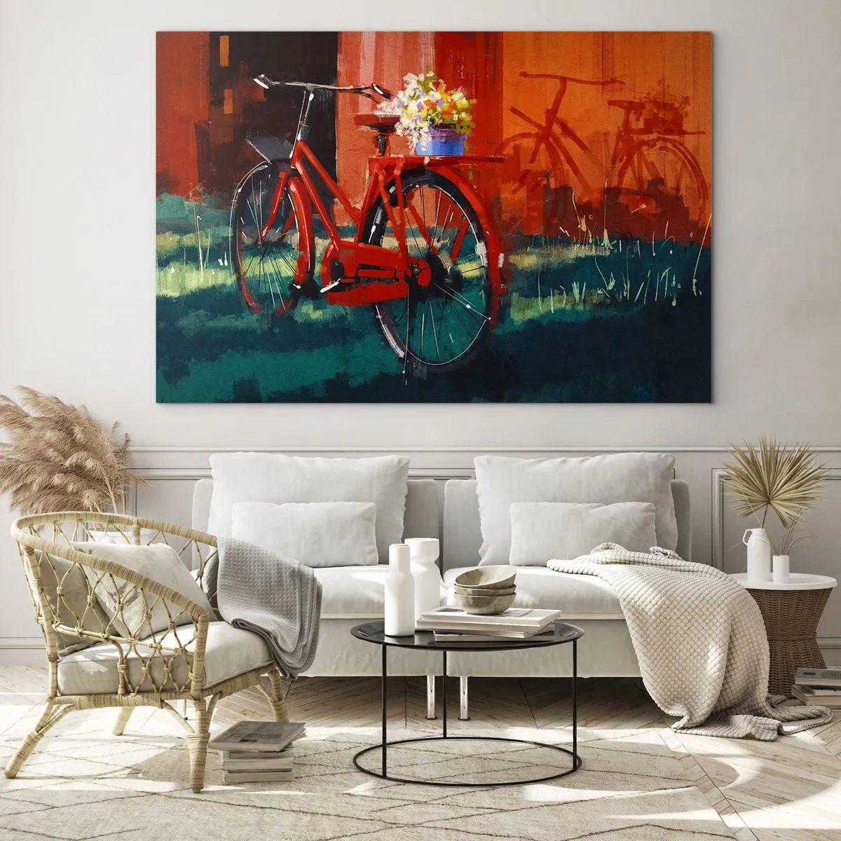 Obraz na szkle - Czerwony rower z kwiatami na tle czerwonego budynku - 70x50cm - I want to ride my bicycle - Nowoczesna dekoracja ścienna do salonu i sypialni ARTTOR