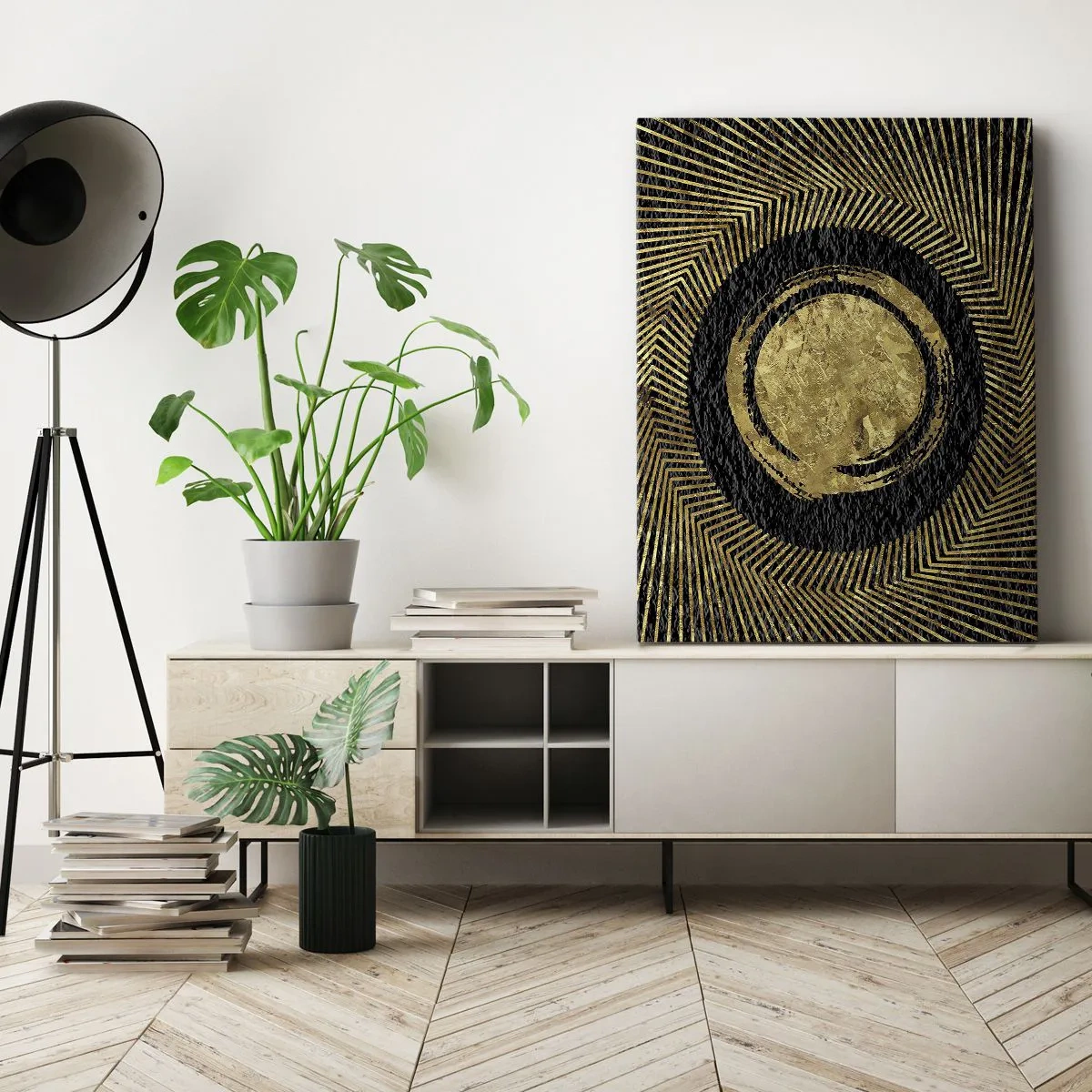 Obraz na płótnie - Abstrakcyjna geometryczna kompozycja w złotych i czarnych tonach - 50x70cm - Kompozycja glamour - Nowoczesna dekoracja ścienna do salonu, kuchni i sypialni ARTTOR