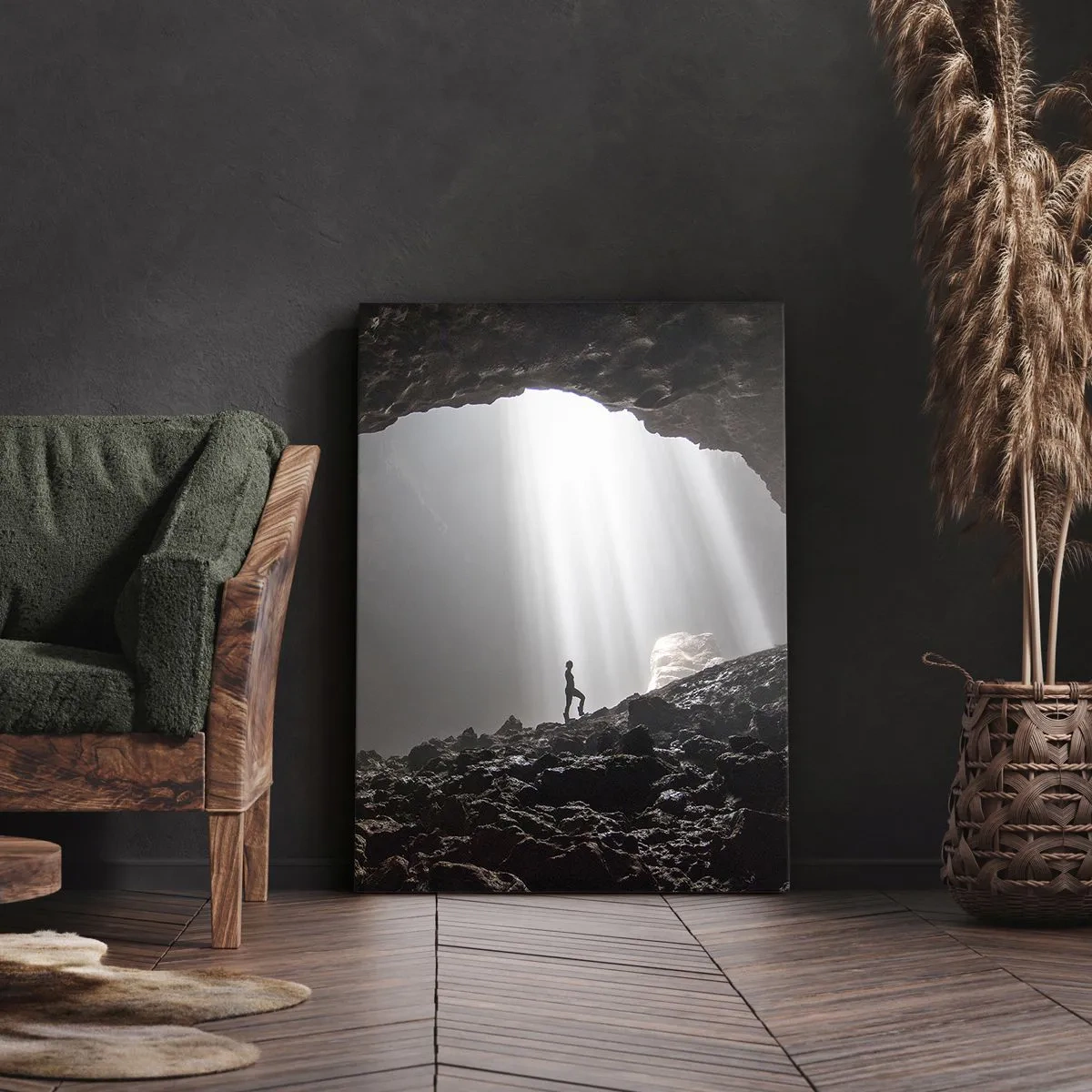 Obraz na płótnie - Postać w jaskini oświetlonej promieniami światła - 80x120cm - Świetlista grota - Nowoczesna dekoracja ścienna do salonu i sypialni ARTTOR