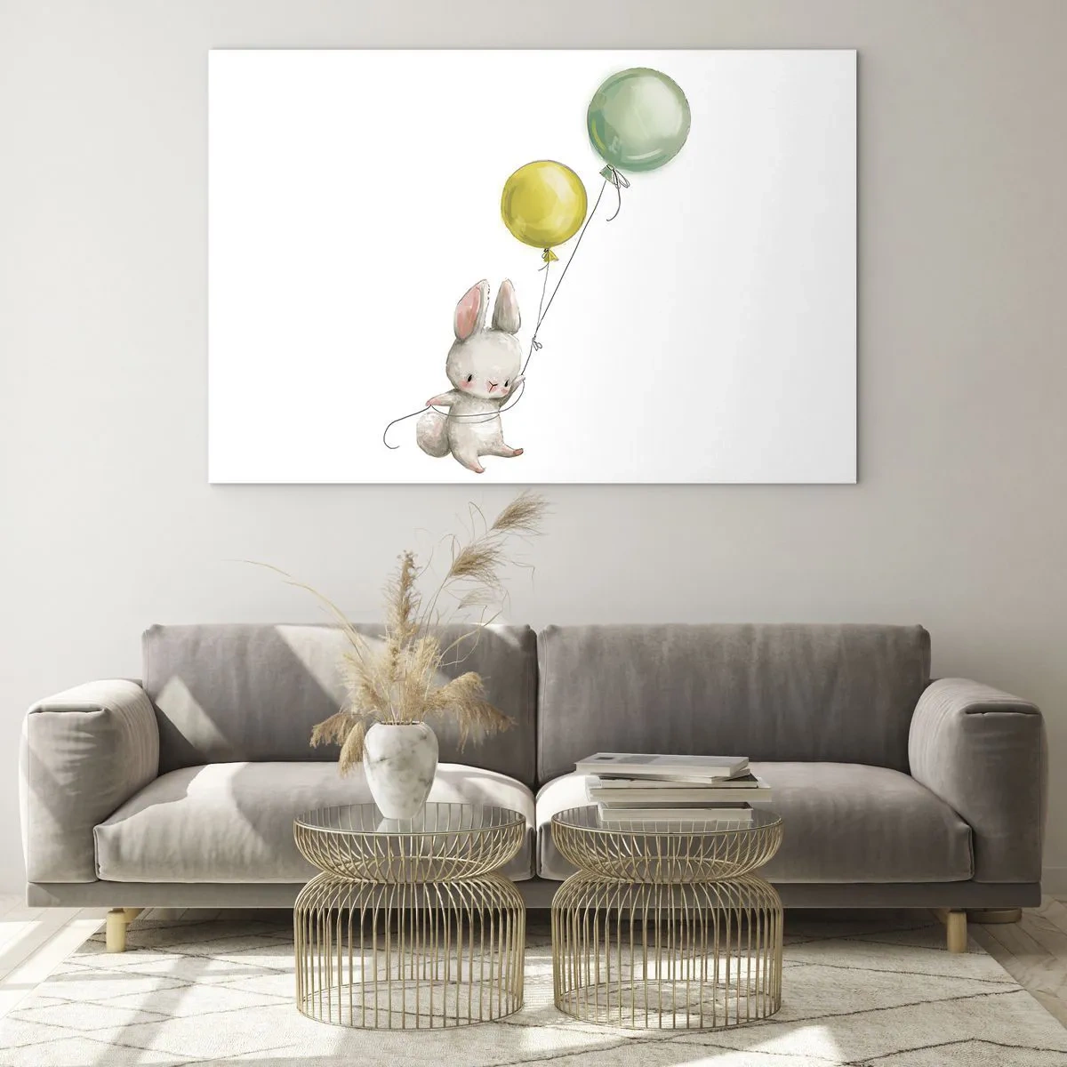 Obraz na szkle - Króliczek trzymający dwa baloniki - 100x70cm - Też polecę! - Nowoczesna dekoracja ścienna do salonu, kuchni i sypialni ARTTOR