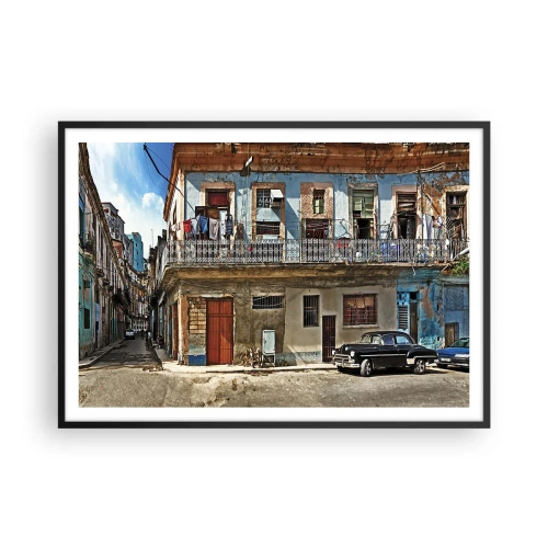 Plakat w czarnej ramie - Kolorowe kamienice i klasyczny samochód w miejskim krajobrazie - 100x70cm - Hawańskie klimaty - Nowoczesna dekoracja ścienna do salonu i sypialni ARTTOR