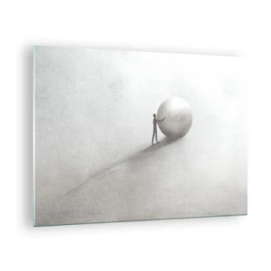 Obraz na szkle - Minimalistyczna sylwetka człowieka z dużą kulą na jasnym tle - 70x50cm - Gra życia - Nowoczesna dekoracja ścienna do salonu i sypialni ARTTOR