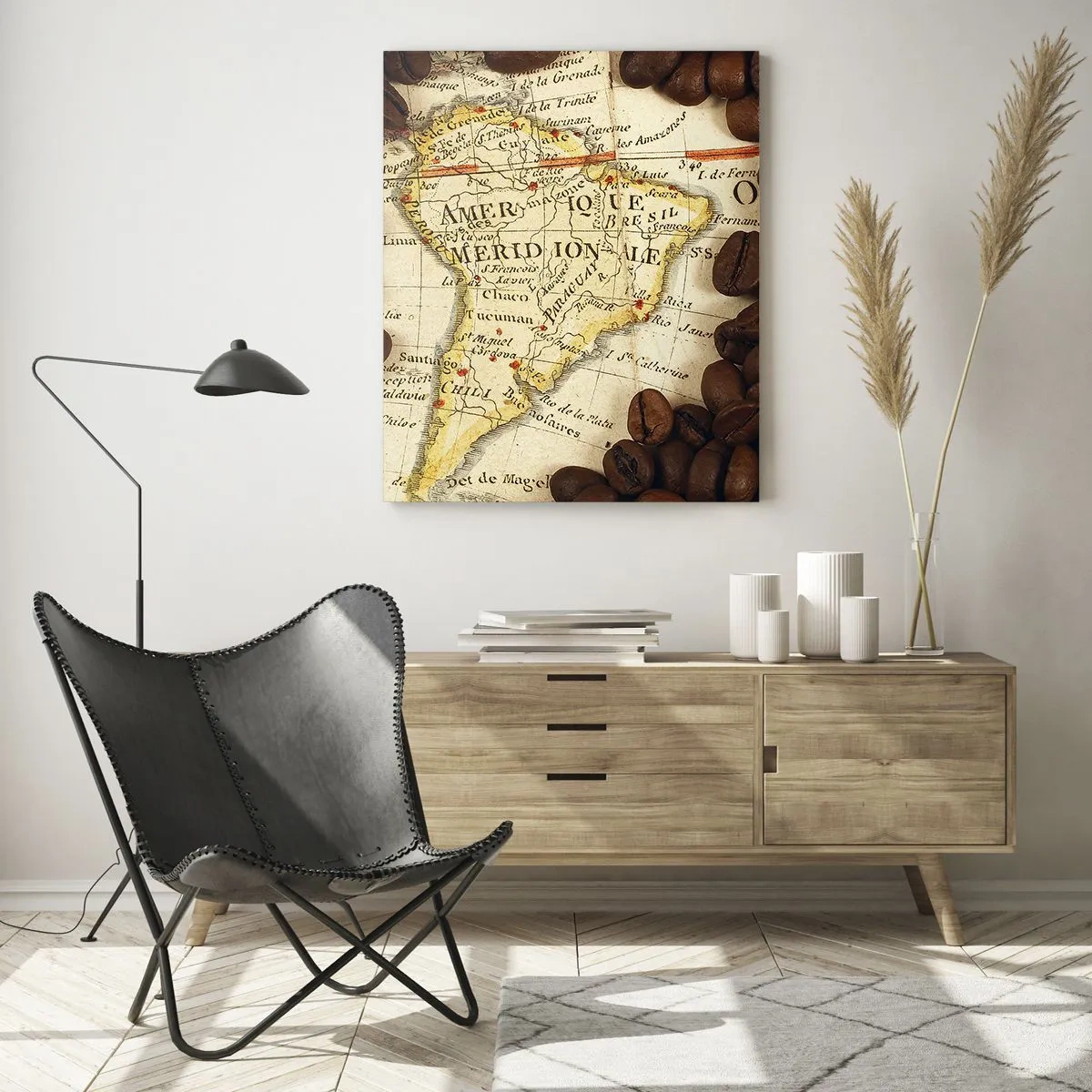 Obraz na szkle - Mapa Ameryki Południowej otoczona ziarnami kawy - 50x70cm - Skąd pochodzi najlepsza kawa? - Nowoczesna dekoracja ścienna do salonu, kuchni i sypialni ARTTOR