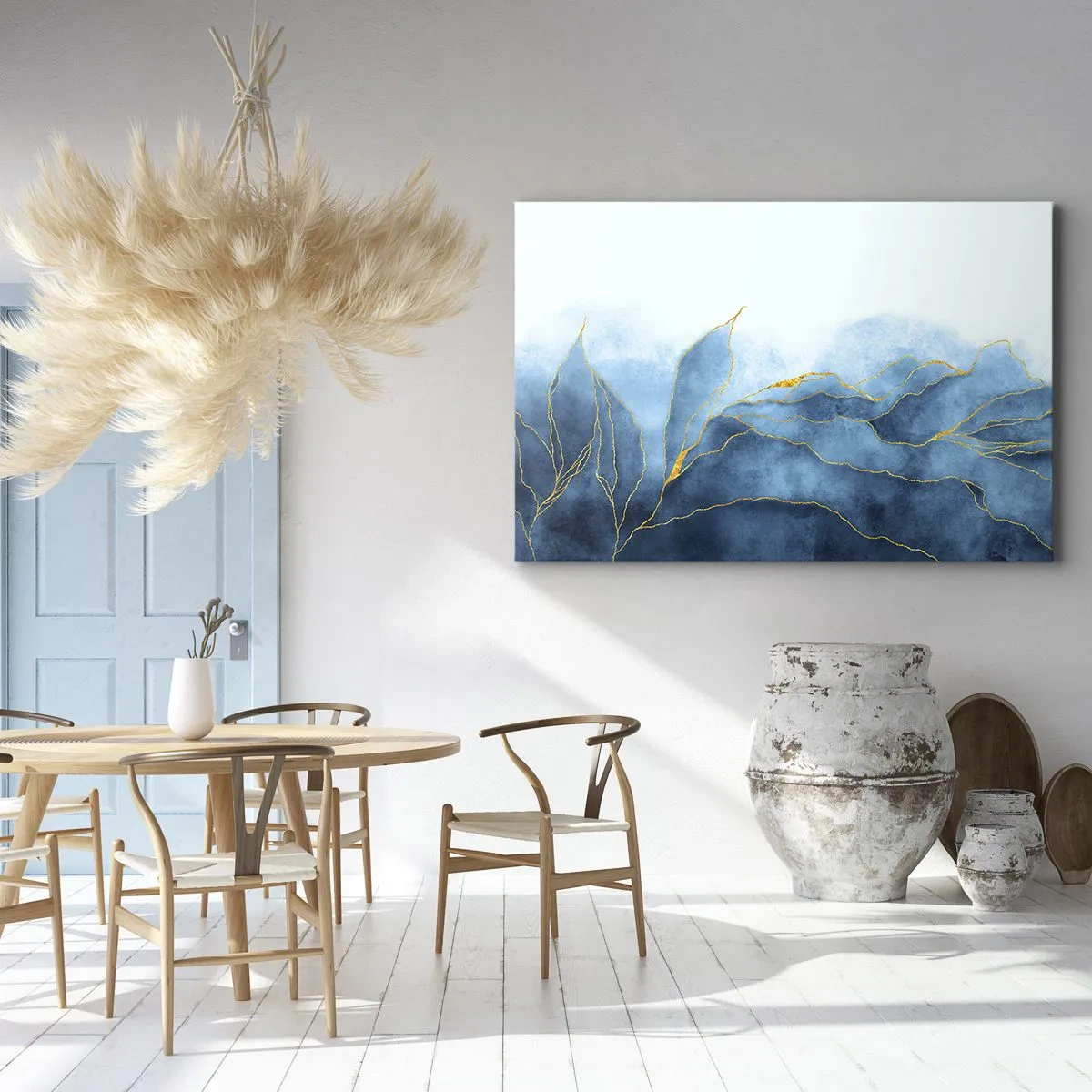 Obraz na płótnie - Abstrakcyjne fale w odcieniach niebieskiego ze złotymi akcentami - 70x50cm - Błękit w złocie - Nowoczesna dekoracja ścienna do salonu i sypialni ARTTOR