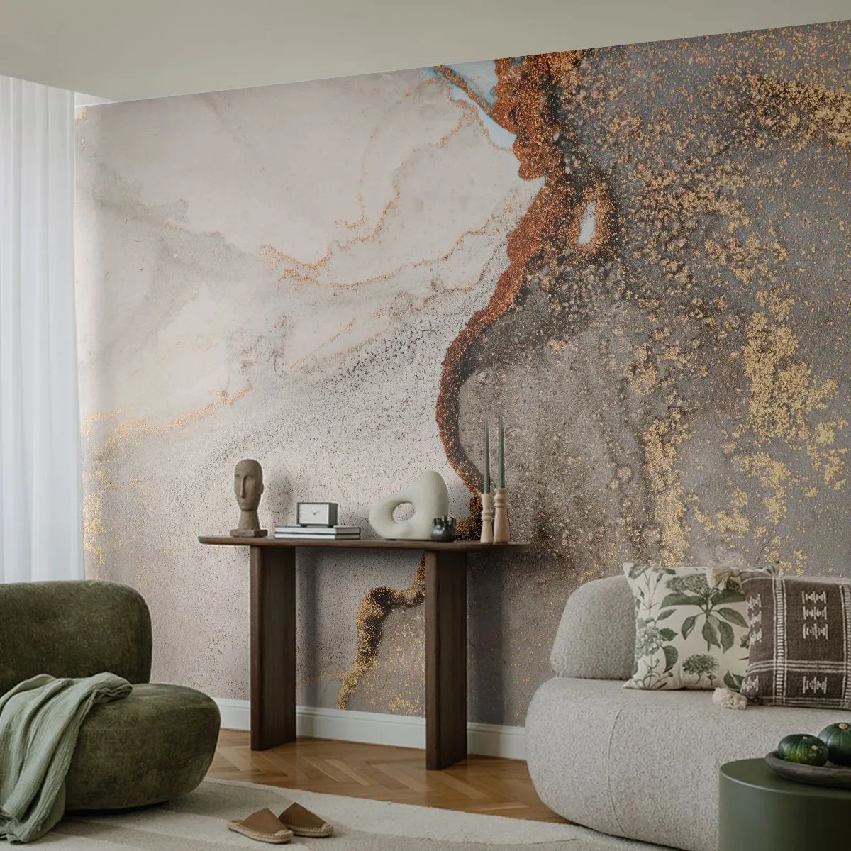 Fototapeta Premium Sand - Abstrakcyjna kompozycja marmuru i złotych akcentów - 100x70cm - Na granicy barw - Nowoczesna dekoracja ścienna do salonu, kuchni i sypialni ARTTOR