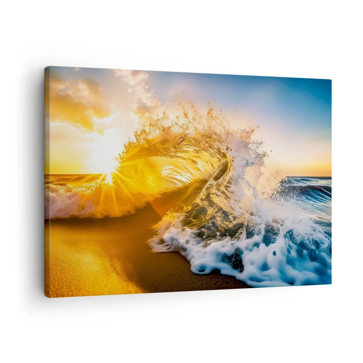 Obraz na płótnie - Zabawa na piasku - Złota fala na tle zachodzącego słońca - 70x50cm