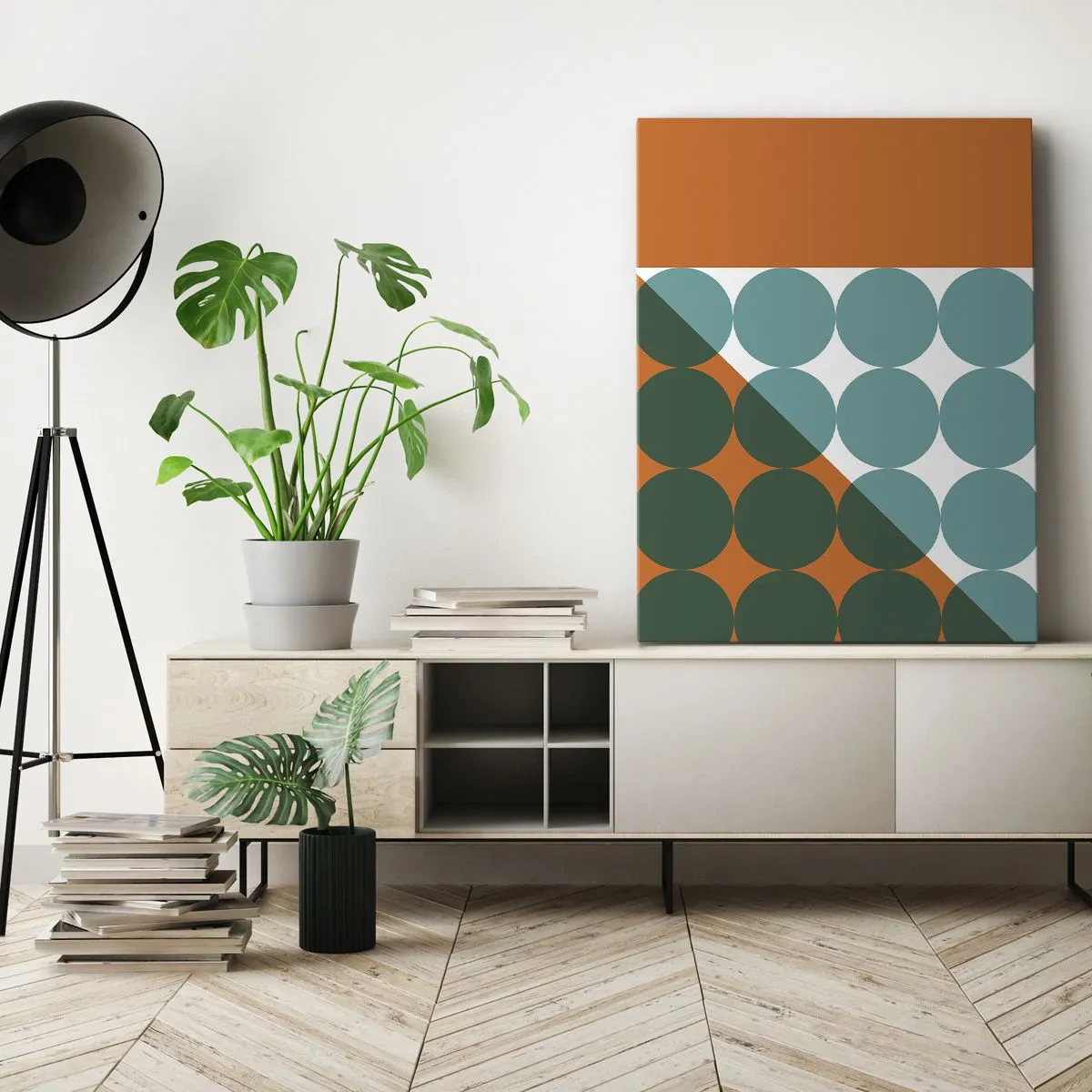 Obraz na płótnie - Geometryczny wzór z kołami w odcieniach zieleni, turkusu i pomarańczu - 50x70cm - W górę i na skos - Nowoczesna dekoracja ścienna do salonu, kuchni i sypialni ARTTOR