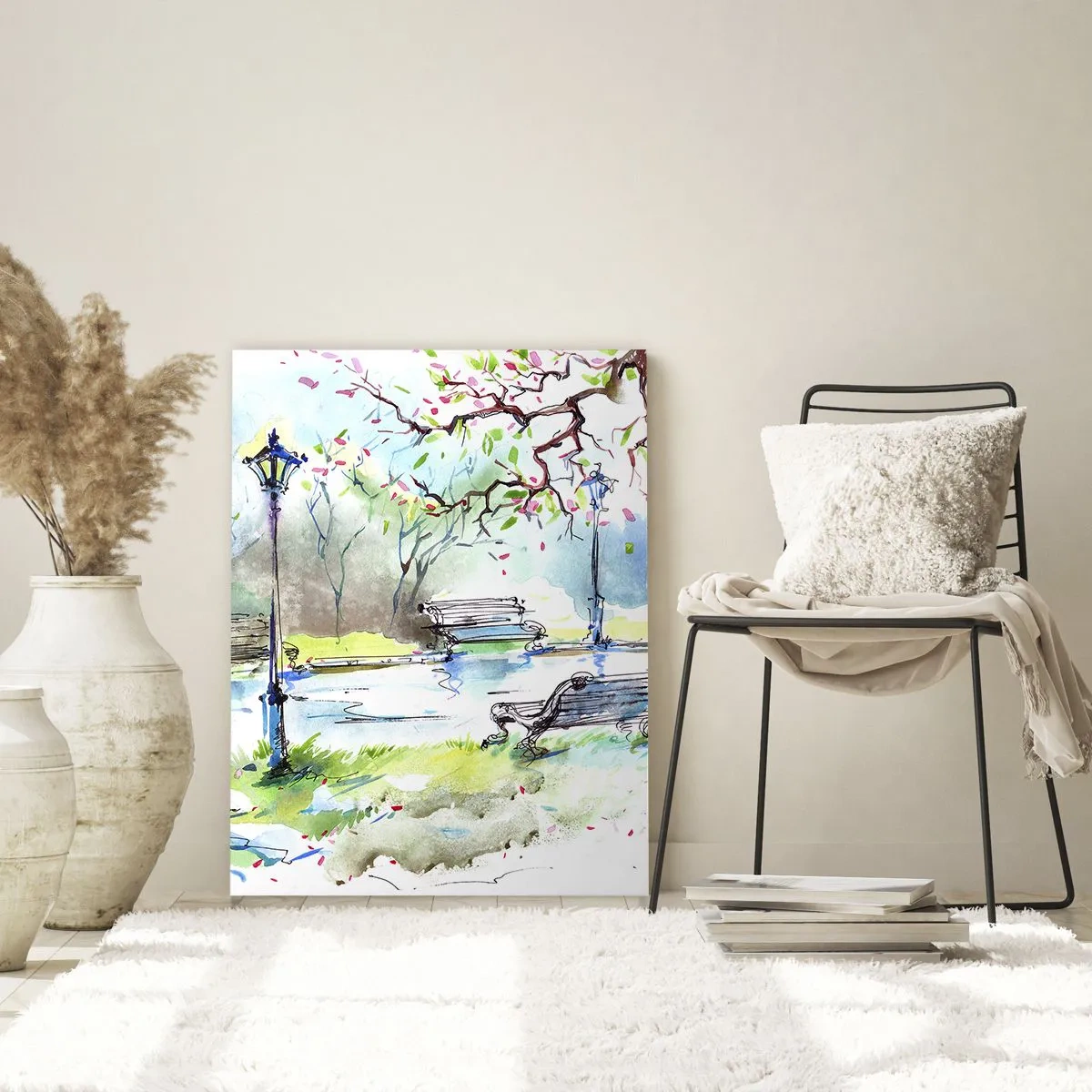 Obraz na szkle - Akwarelowa scena parku z ławkami i lampami - 70x100cm - Czar parkowej ciszy - Nowoczesna dekoracja ścienna do salonu i sypialni ARTTOR