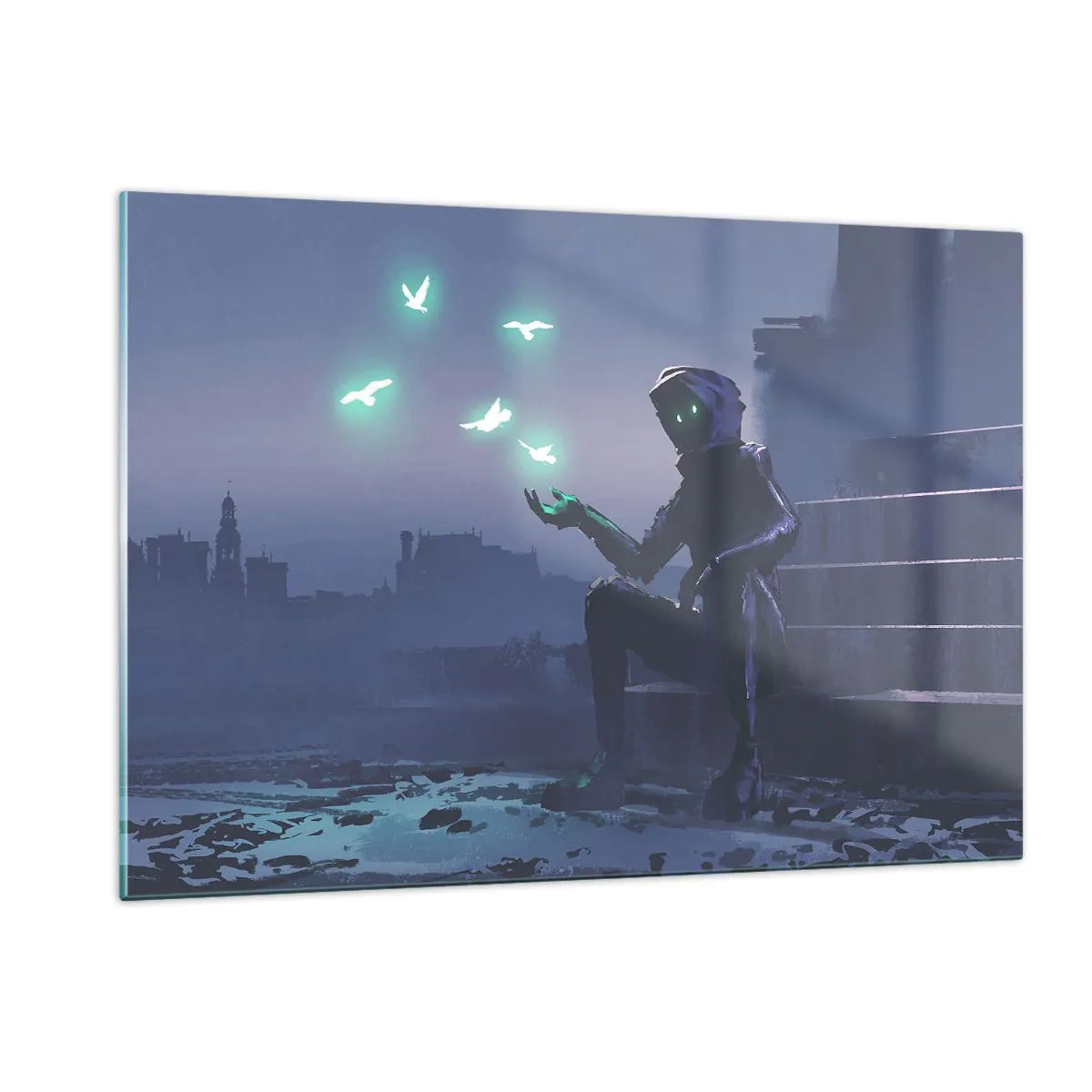 Obraz na szkle - Postać w ciemności otoczona unoszącymi się zielonymi ptakami - 120x80cm - Życie powróci - Nowoczesna dekoracja ścienna do salonu, kuchni i sypialni ARTTOR