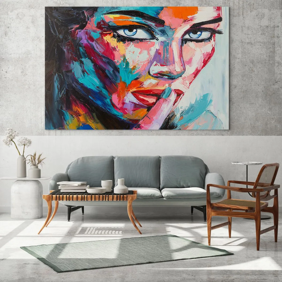 Obraz na szkle - Kolorowy portret kobiety w stylu abstrakcyjnym - 70x50cm - Nasza pierwsza tajemnica - Nowoczesna dekoracja ścienna do salonu i sypialni ARTTOR